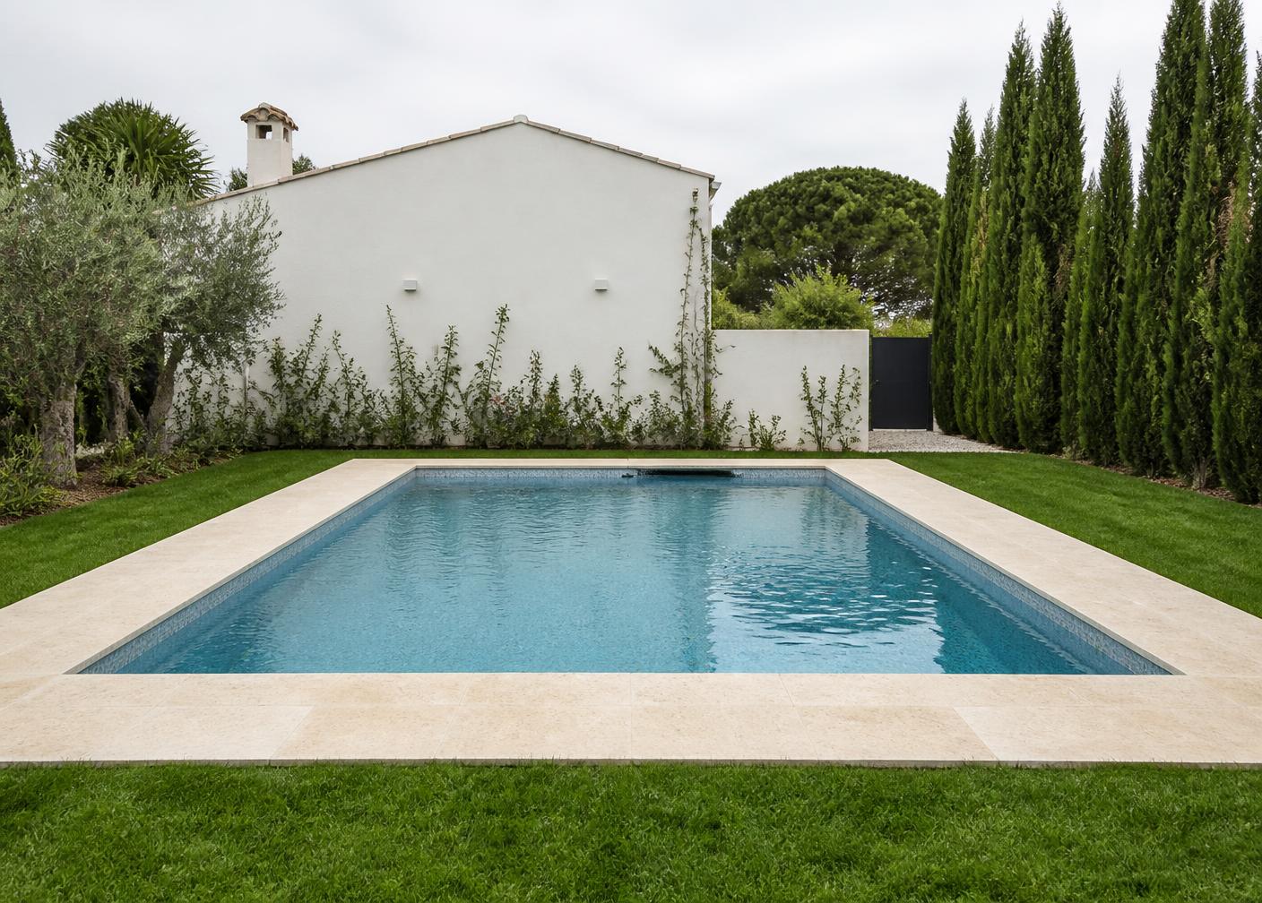 Piscina de obra terminada con acabado cerámico, coronación de piedra y césped alrededor