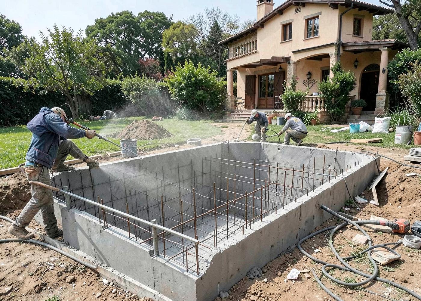 Proyección de hormigón sobre el armado del vaso de una piscina en construcción