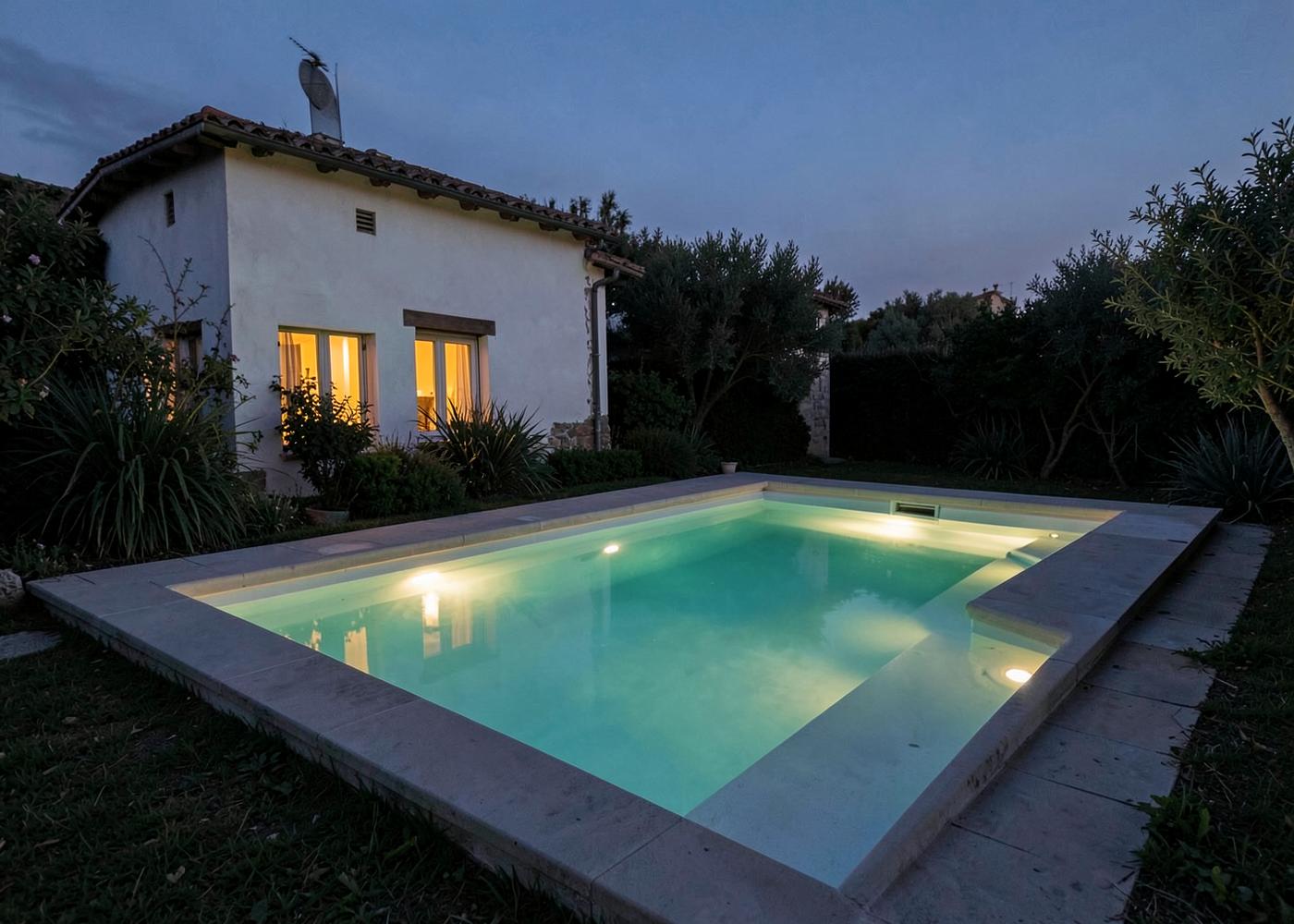 Piscina privada iluminada al atardecer junto a una vivienda unifamiliar