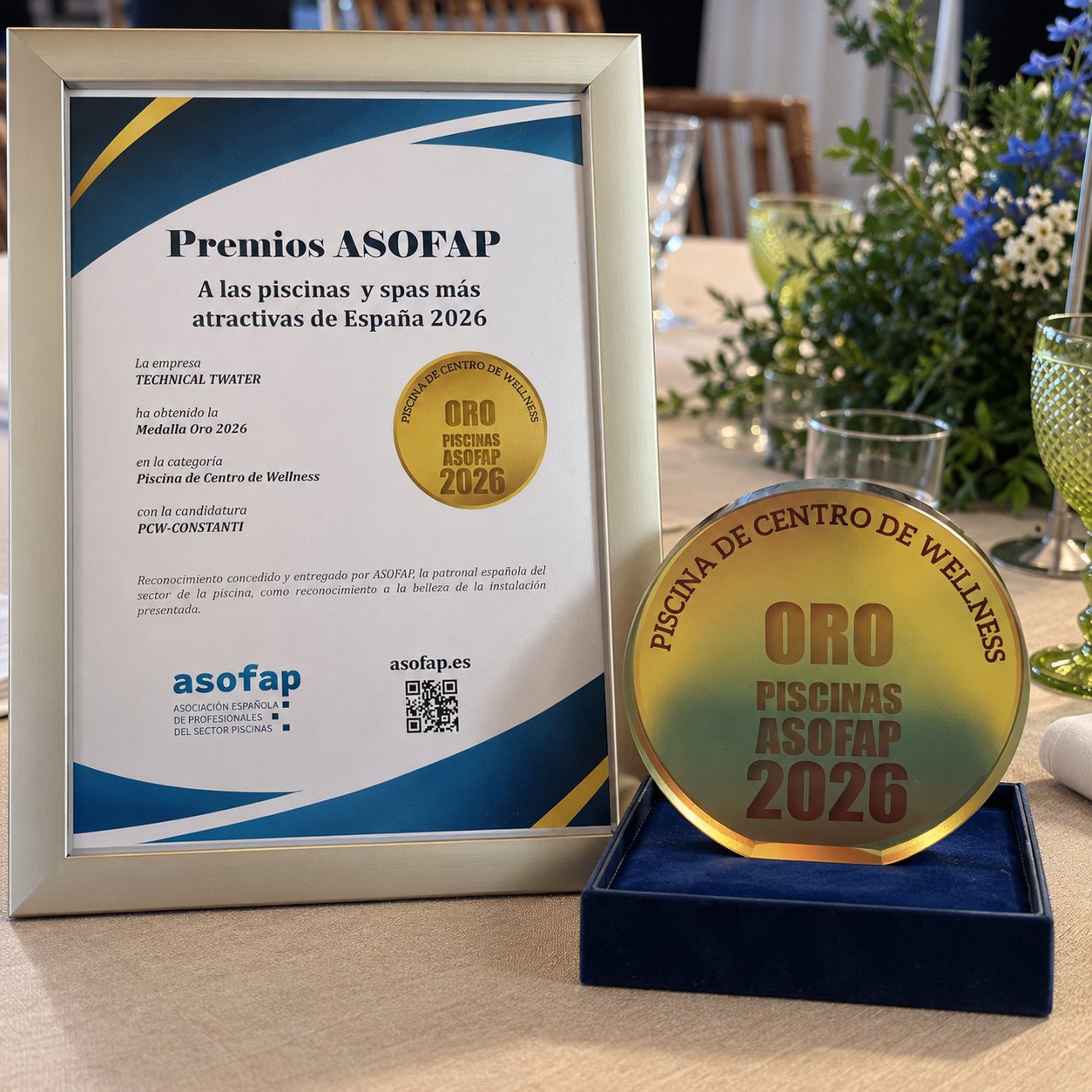 Diploma enmarcado de los Premios ASOFAP 2026 junto a la medalla de oro concedida a Technical Twater en la categoría Piscina de Centro de Wellness