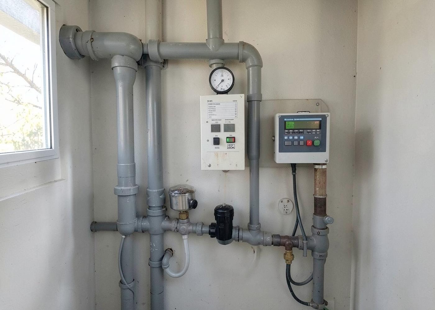 Sala técnica de piscina con bomba, filtro, manómetro y cuadro de control